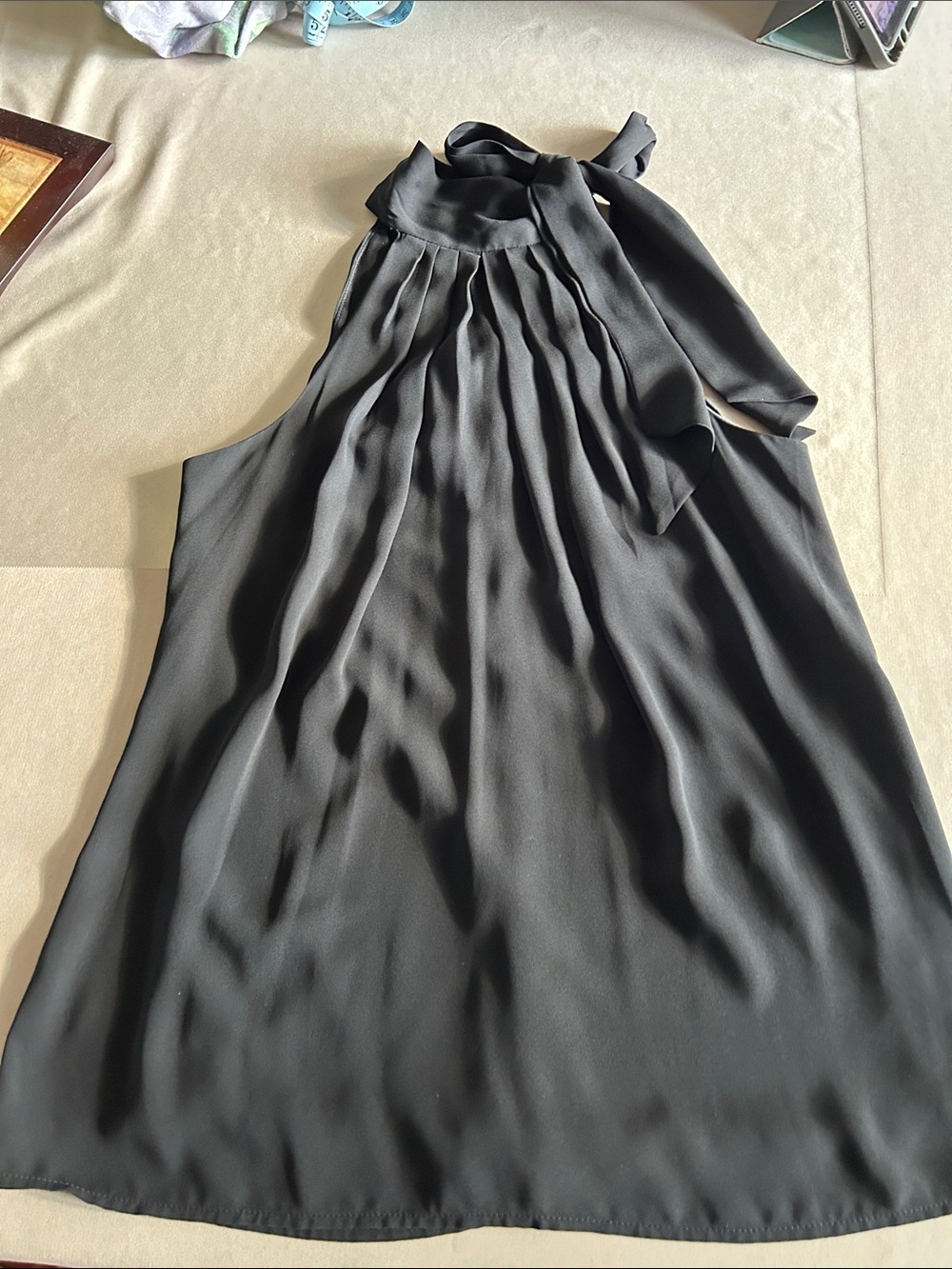 Black Pleated Halter Tie Neck Blouse